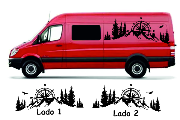 Mountain Camper Aufkleber Sonnenaufgang Kompass mit Adler  Landschaften  und Landkarten, Windrosen, Aufkleber für Vans, Wohnmobile und Wohnwägen.